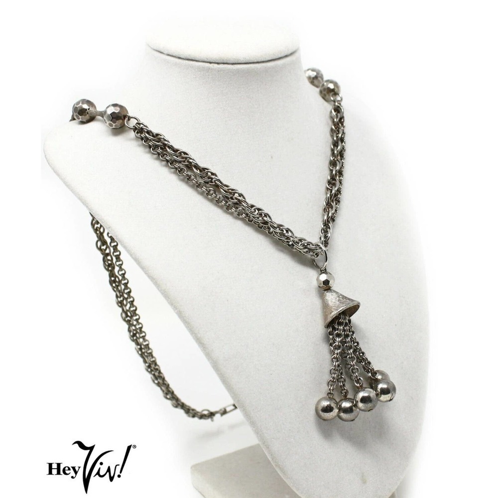Vintage Ball Tassel Necklace Silver Metal Multi Chain Faceted Beads 26" -Hey Viv